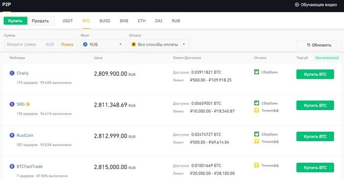 p2p транзакции на бирже Binance