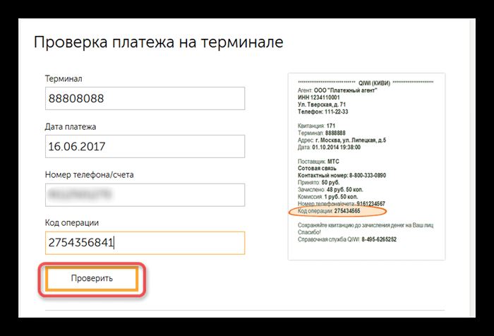 Ввод всех данных с чека для проверки платежа на сайте QIWI Wallet